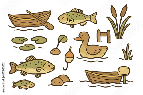 Charming lakeside icons collection. Hand-drawn vector set with boats, fish, duck, reeds, lily pads. Cartoon fishing and pond life illustration for nature-themed projects.