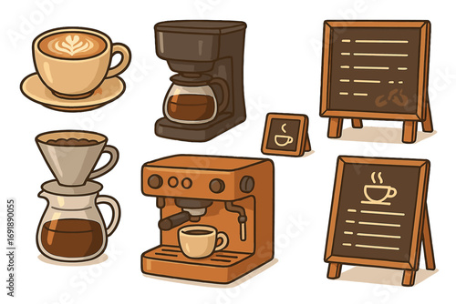 Coffee shop elements vector set. Cafe illustration with espresso machine, pour-over, latte art, menu board. Barista equipment and coffee icons for cafe menu design.