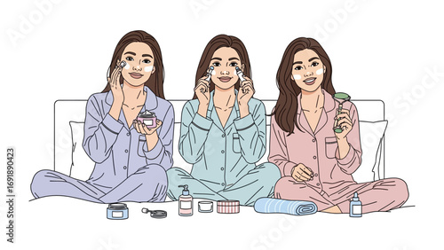 Three young women in colorful pajamas applying facial skincare products and enjoying a relaxing beauty routine together at home