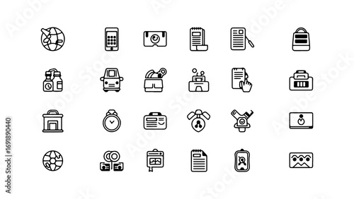 Business and travel outline icons set with transparent background