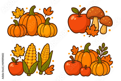 Autumn harvest vector set. Cartoon fall food collection with pumpkin, apple, mushroom, corn. Thanksgiving icons for sticker design. Isolated cute seasonal illustration.