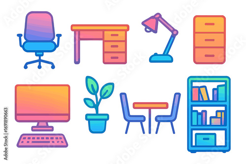 Colorful gradient office furniture icons set for modern workspace design. Vector cartoon illustration of interior elements like chair, desk, lamp, computer and bookshelf.
