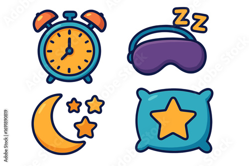 Vector sleep icon set. Cartoon illustration of alarm clock, sleeping mask, pillow, moon, stars. Concept of bedtime, good night, sweet dreams, wellness, relaxation, circadian rhythm.