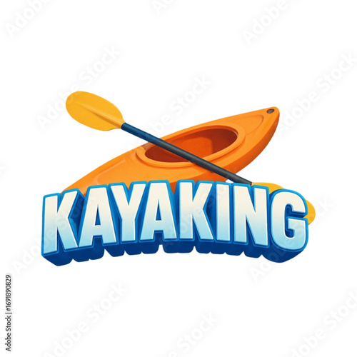 Orange kayak and paddle with kayaking text isolated on transparent background