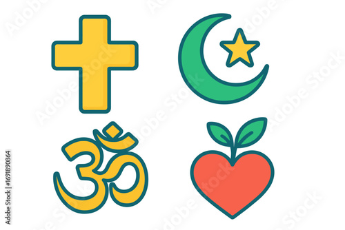 Set of colorful religious symbols. Christian cross, Islamic crescent and star, Hindu Om sign. Icons for faith, spirituality, and interfaith dialogue. Vitality and growth heart icon.