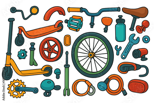 Urban transport concept with bicycle and scooter parts for repair service. Cartoon vector set of bike components: wheel, saddle, pedal, handlebar, lock, tools accessories.