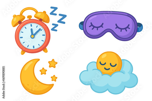 Sleep icons vector set. Good night, insomnia, relaxation concepts. Healthy sleeping illustration. Cartoon alarm clock, blindfold, moon, stars, sun on cloud. Bedtime design.