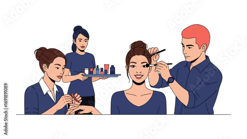 Diverse group of people learning and practicing makeup artistry skills in a professional beauty salon or school setting with instructors demonstrating techniques