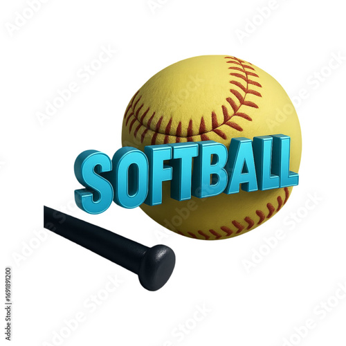 Softball and bat 3d text isolated on transparent background