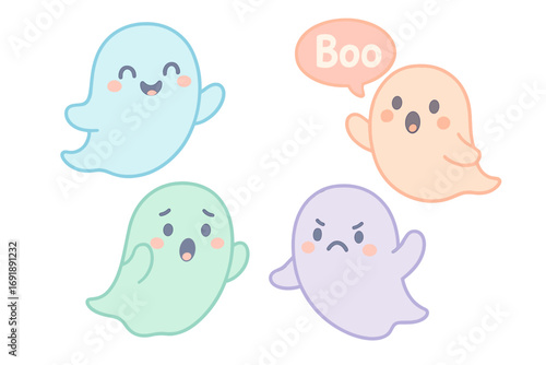 Set of cute pastel ghosts with various emotions. Kawaii cartoon character collection with happy, sad, angry, scared expressions. Spooky Halloween vector illustration for kids.