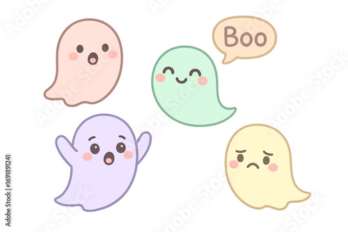 Cute pastel ghosts character set. Kawaii cartoon vector illustration collection. Friendly spooky spirits with various emotions and expressions for Halloween design elements.