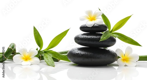 Spa Decoration with Flowers, Bamboo, and Stone Stack