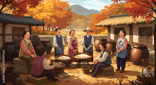 Group of people gathering around food in a traditional setting.