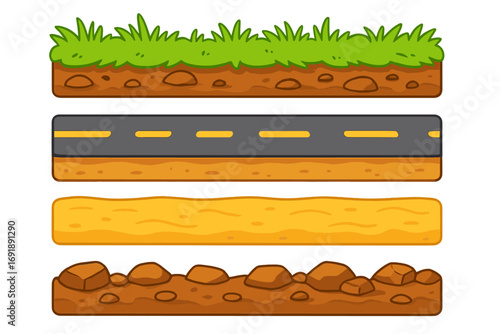 Vector terrain textures for game design. Seamless ground layers with grass, asphalt road, desert sand, and rocky soil. Cartoon parallax background elements for 2D platformer.