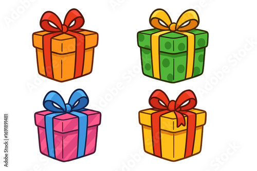Set of colorful cartoon gift boxes with bows. Vector illustration of presents for birthday, Christmas, or holiday celebration. Isolated surprise package graphic element design.