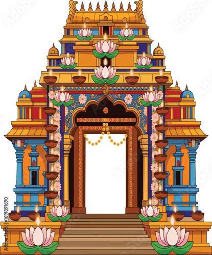 Ornate Hindu temple entrance decorated with lotus flowers and diyas diwali architecture