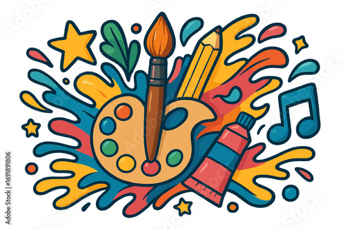 Vibrant art and music concept. Colorful cartoon illustration with paint, brush, palette, and pencil. Creative hobby and artistic expression vector with dynamic splashes.