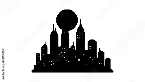 City skyline silhouette with full moon