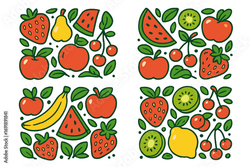 Set of colorful fruit compositions. Vector cartoon collection of fresh summer fruits like apple, strawberry, watermelon, cherry, and kiwi. Healthy food concept for diet and vitamins.