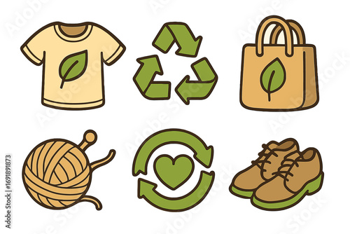 Sustainable fashion icon set. Eco-friendly clothing, recycling symbol, and reusable bag. Vector illustration for circular economy, slow fashion, and ethical production.