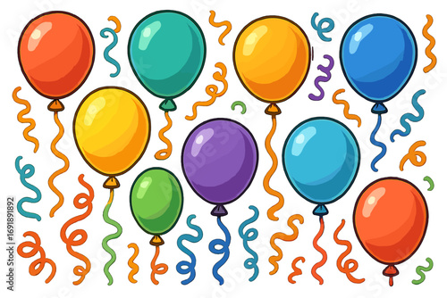 Colorful cartoon balloons and ribbons set for party celebration. Festive birthday decoration elements. Vector illustration of helium balloon and confetti for event design isolated.