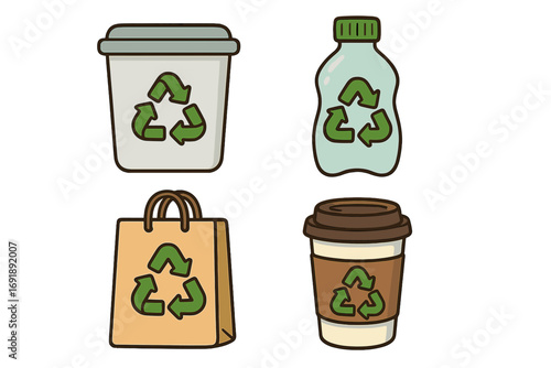 Eco-friendly icons set with recycling symbols. Sustainable living and zero waste concept. Green ecology conservation. Vector cartoon collection of trash bin, bottle, paper bag, coffee cup.