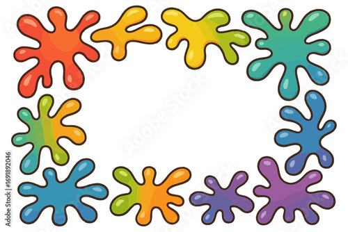 Vector paint splash frame. Colorful ink splats border background. Abstract artistic cartoon illustration. Creative liquid paint blot collection for kids art, fun design element.