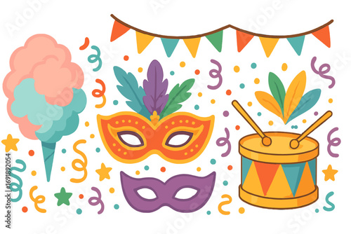 Set of colorful carnival elements. Flat vector illustration of festive party icons including masks, drum, cotton candy, and confetti. Holiday celebration and festival design concept.