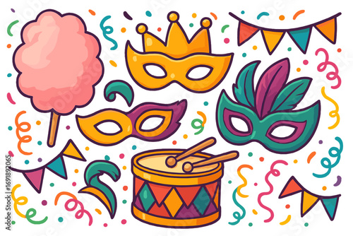 Carnival elements set. Vector cartoon illustration of festival objects. Masquerade masks, drum, cotton candy, confetti and garlands for party, circus, Mardi Gras or birthday.