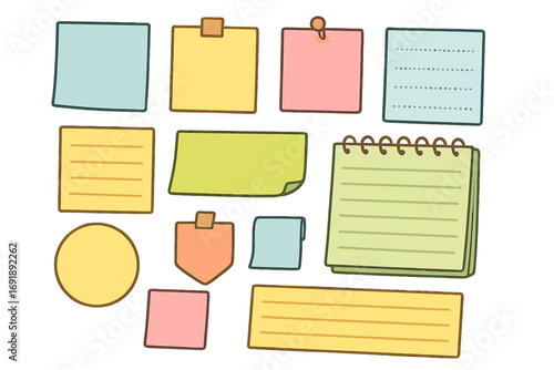 Vector cartoon set of colorful sticky notes. Notepaper and memo sheets for office organization and reminders. Post-it collection for messages, planning and to do lists.