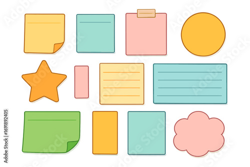 Colorful sticky notes set. Collection of cute memo paper for reminders. Different shapes and colors for office organization. Post note messages for a to do list. Vector.
