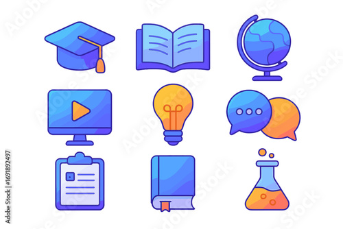 Education icon set. E-learning and communication symbols. Vector illustration. Graduation cap, book, globe, video, idea lightbulb, chat, science flask. Online course concept.