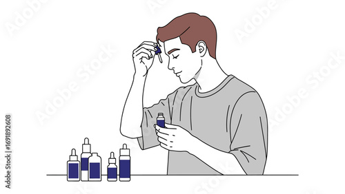 Young man carefully applying facial serum from a dropper bottle to his forehead for skincare routine and self care