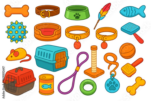 Pet shop accessory collection. Cartoon vector set of cat and dog supplies. Colorful illustration with food, toys, collar, carrier, bowl, bone. Animal care items icons.