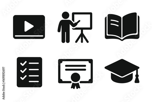 Education icon set. E-learning, online course, webinar concept. Vector glyphs of video, presentation, book, checklist, certificate, graduate cap. For training, school, university.