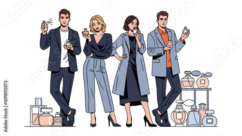 Stylish young men and women in fashionable modern clothing holding perfume bottles and standing near a display of beauty products and accessories