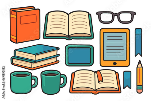 Reading and education icon set cartoon vector. Study, literature, and knowledge concept. E-learning elements with e-book, tablet, glasses, and coffee for a library.