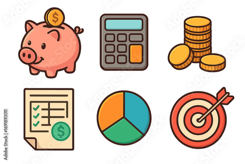 Finance and budget icon set for business. Vector cartoon collection with piggy bank, calculator, coins, financial plan, pie chart, and target. Savings, investment, goal concept.