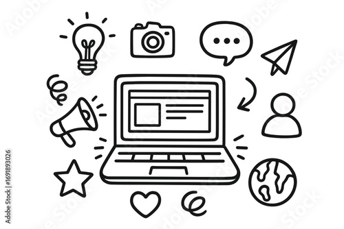 Digital marketing and social media concept. Blogging, content creation and communication icon set in a doodle style. Laptop with business promotion strategy elements.