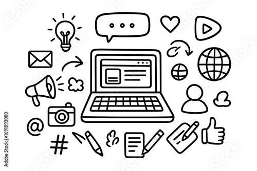 Blogging and social media doodle icon set. Hand-drawn vector cartoon illustration with laptop, communication elements for content creation, digital marketing, and SMM strategy.