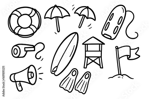 Lifeguard doodle icon set. Hand drawn beach safety and rescue elements. Vector line art collection with lifebuoy, surf, tower, whistle, flag, fins, and umbrella icons.