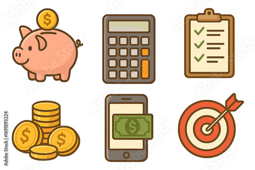 Finance icons set vector. Personal saving money concept. Budget calculation. Mobile banking payment. Financial goal target. Business plan checklist. Cartoon piggy bank coins illustration.