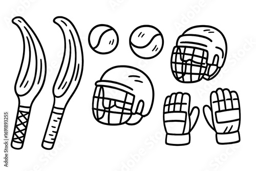 Hand-drawn Jai Alai pelota sport equipment collection. Doodle vector set with cesta, ball, helmet, gloves. Traditional basque game concept. Line art illustration icons.