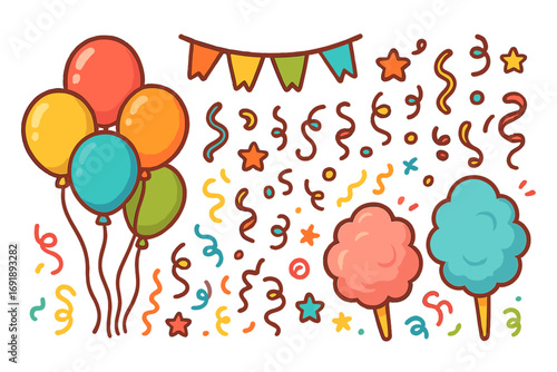 Colorful decorative party elements set. Vector cartoon icons for festive celebration, birthday, carnival. Fun collection with balloons, confetti, cotton candy, streamers.