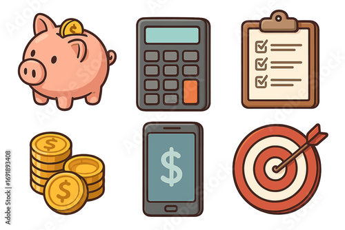 Finance icon set with piggy bank, calculator, budget, coins, mobile banking, target. Concept for savings, investment, financial planning, money management, business goal.