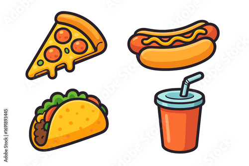 Fast food icons set with pizza slice, hot dog, taco, and soft drink. Colorful cartoon vector illustration. Junk food meal collection for menu, sticker or web element design.