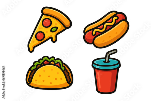 Fast food cartoon icon set. Vector collection with pizza slice, hot dog, taco, and soda drink. Colorful junk food clipart illustration for takeaway menu or sticker design.