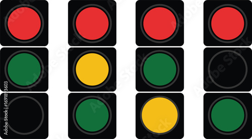 Collection of traffic lights showing different signal combinations and colors