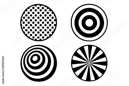 Geometric black and white circle pattern set. Abstract shapes collection. Op art optical illusion. Modern design elements. Polka dot, target, concentric circles, radial burst.