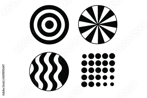 Set of abstract geometric black and white circle patterns. Collection of minimalist shapes for modern design. High contrast vector icons for visual stimulation and op art.